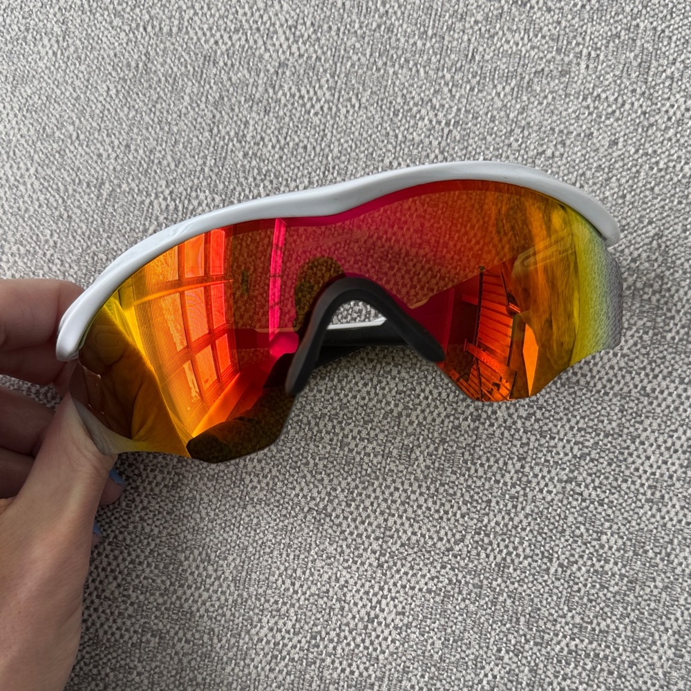 Oakley White Frame Red Orange Mirrored Shield Sunglasses